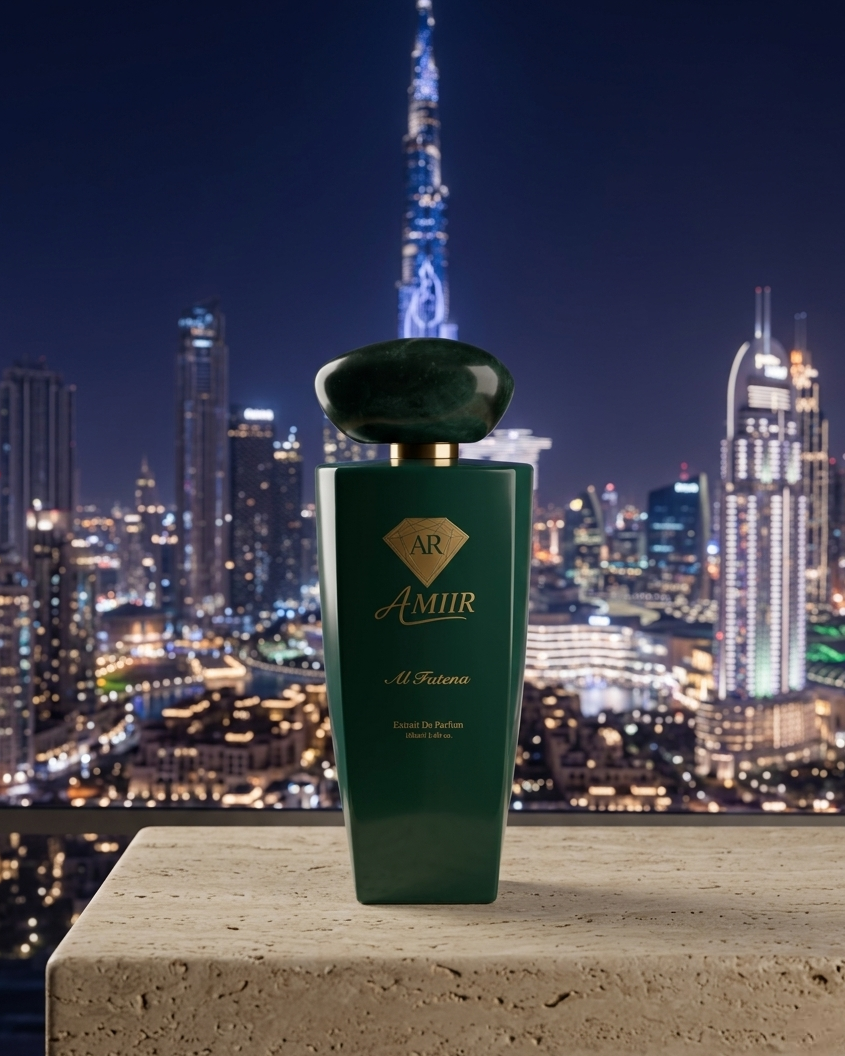 Amiir Al Fatena extrait de parfum green bottle with Dubai skyline at night