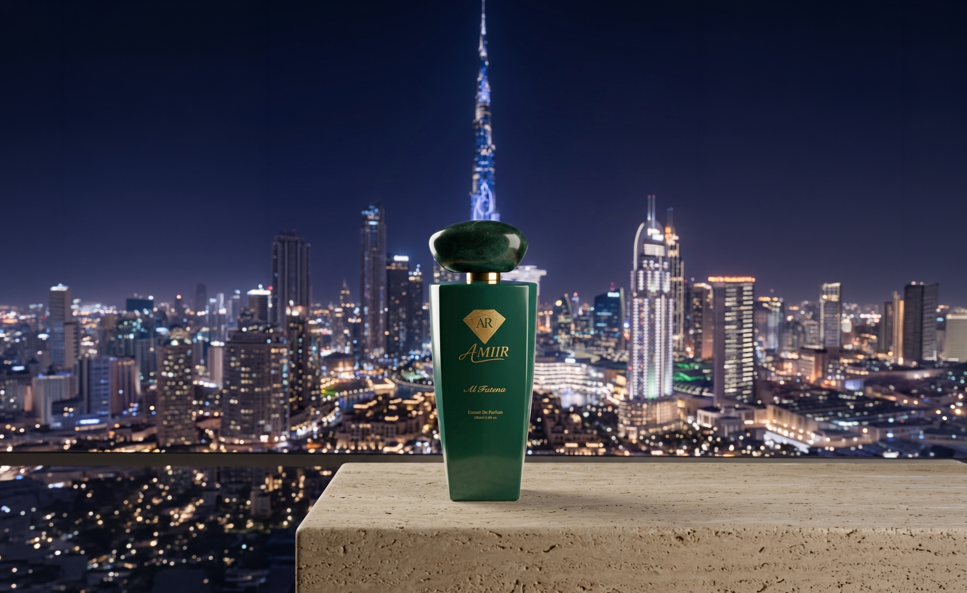 Green perfume bottle with 'Al Alfatena' branding against a city skyline at night in Dubai.