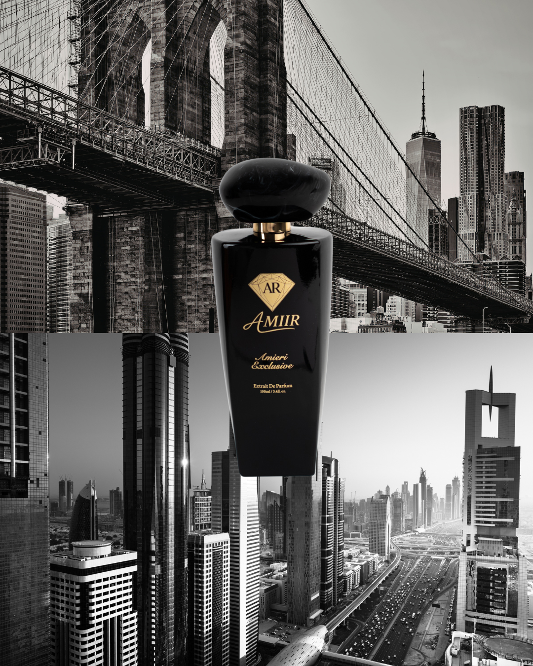 Amiir Scents Amieri Exclusive black bottle with New York and Dubai skyline backdrop