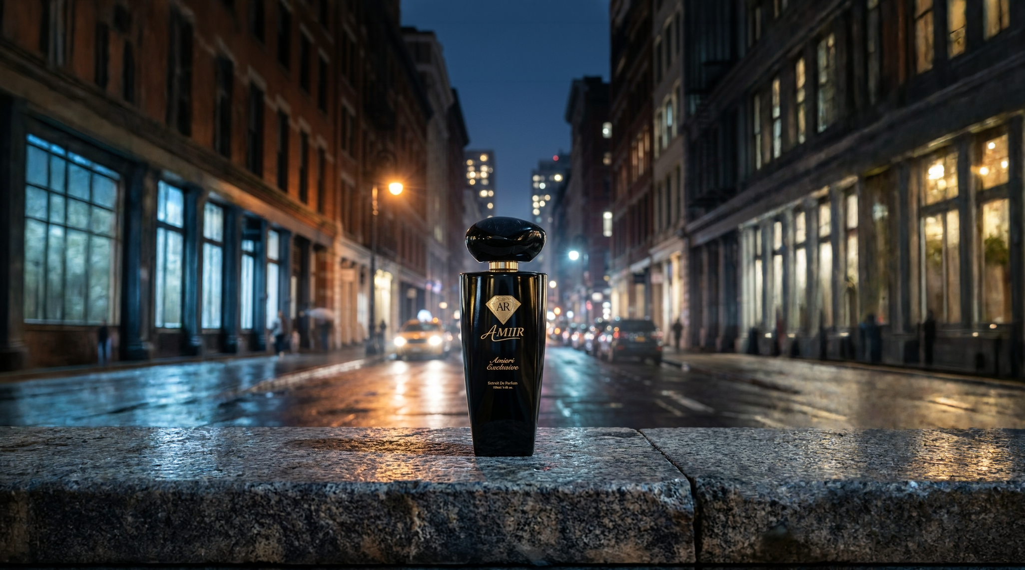 Amieri perfume black bottle from Amiir´s collection on a Manhathan street at night