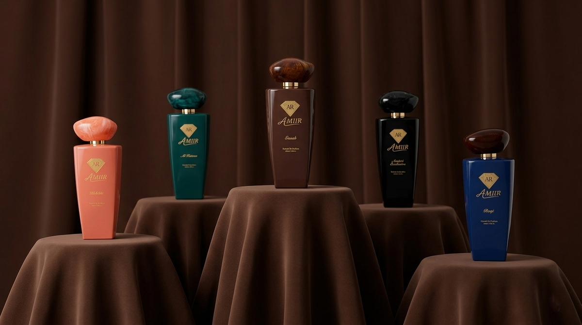 Amiir Scents luxury perfume collection in colorful bottles on brown draped display stands
