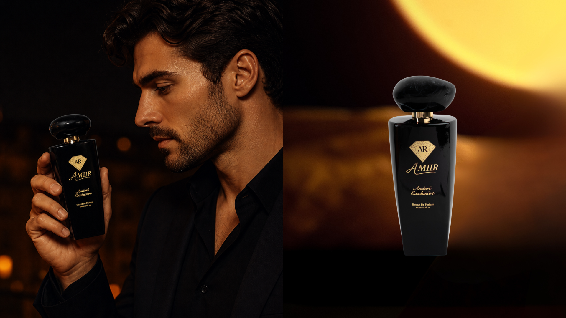 Desktop Background divided with a man in the side with Amieri Exclusive perfume and in the right side the perfume and the moon. 