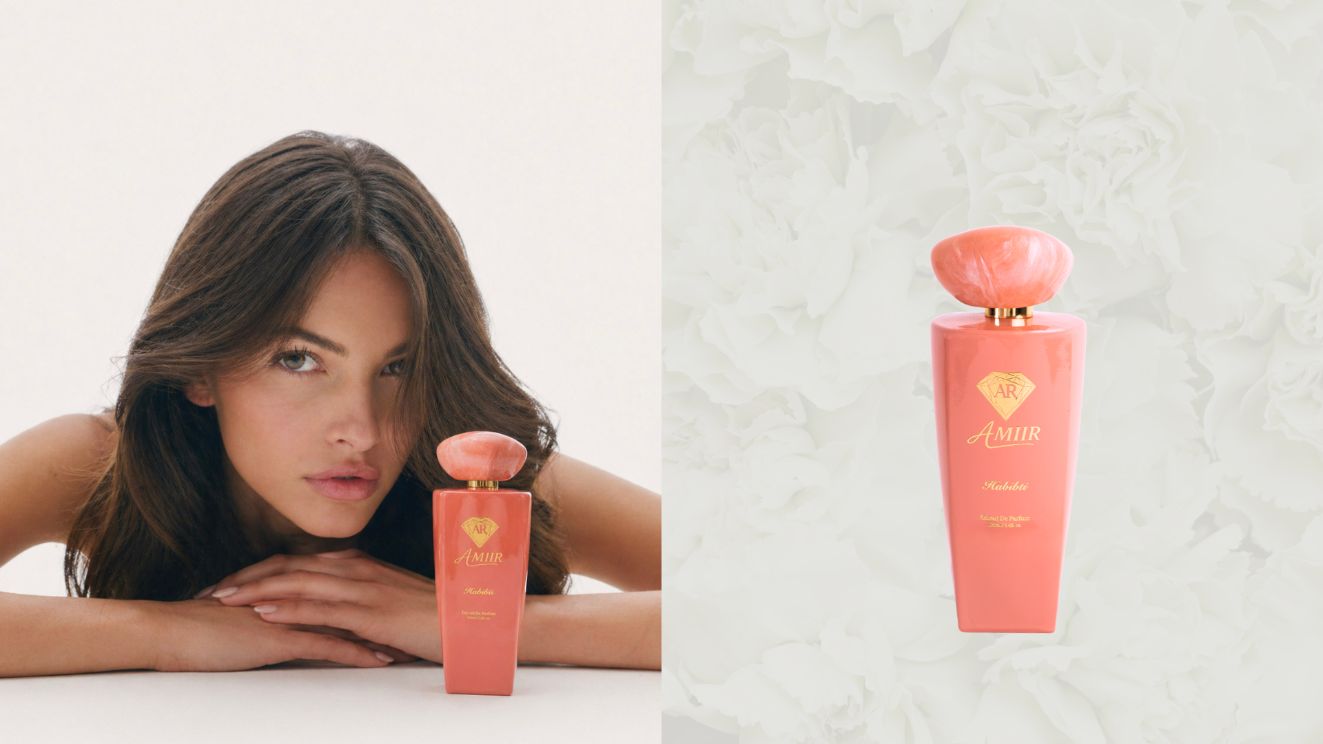 Desktop Habibti lifestyle shot Woman resting her chin on her hands, looking directly at the camera. The Habibti perfume bottle in coral pink is placed in front of her, with a second bottle slightly behind. Clean white background with soft natural lighti
