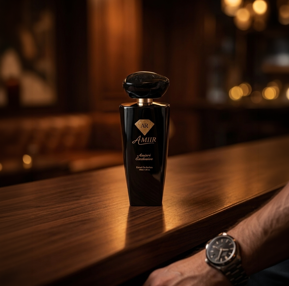 Amiir Scents Amieri Exclisive black bottle on a wooden surface on a luxurious bar