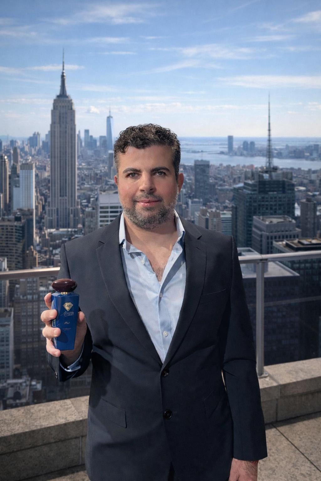 Amiir founder holding Raqi blue perfume bottle on New York rooftop skyline