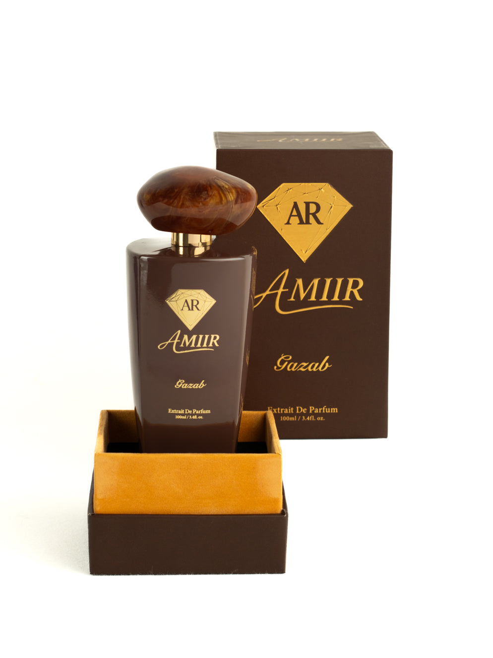 Amiir Scents Gazab extrait de parfum in brown bottle with golden accents and matching luxury packaging box on white background