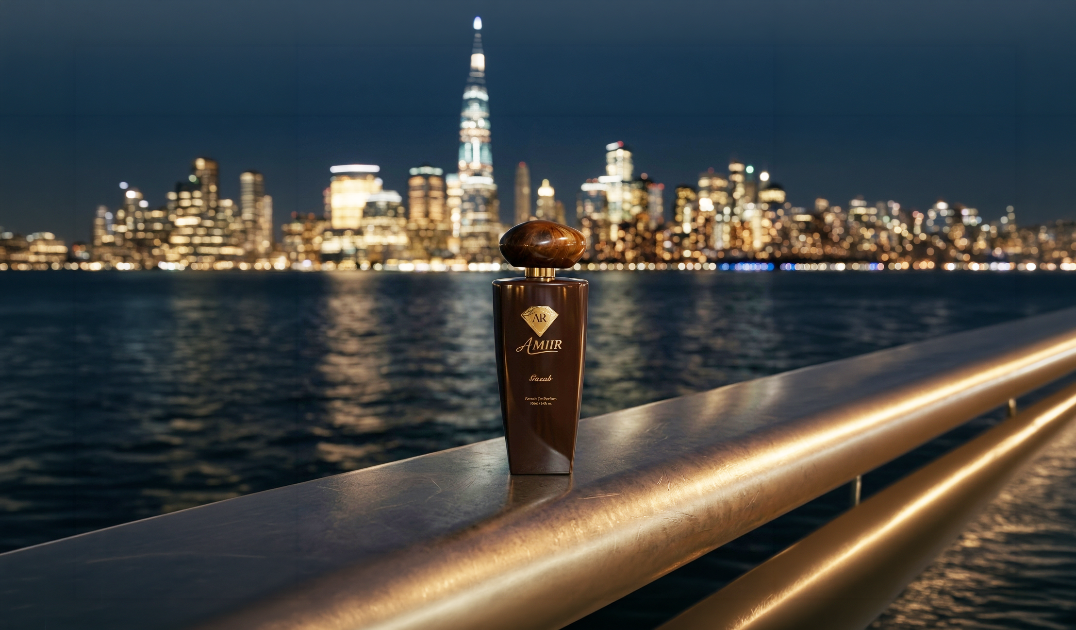 Bottle of  Gazab cologne on a railing with a staten sland skyline in the background