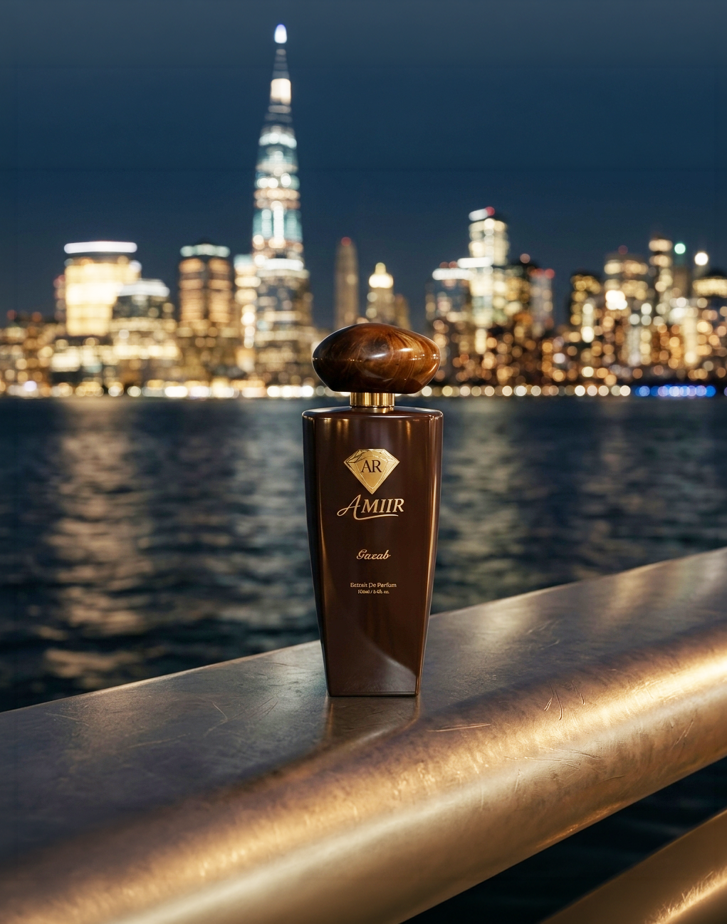 Perfume bottle labeled 'Gazab' by Amiir Scents with the staten island at night in the background