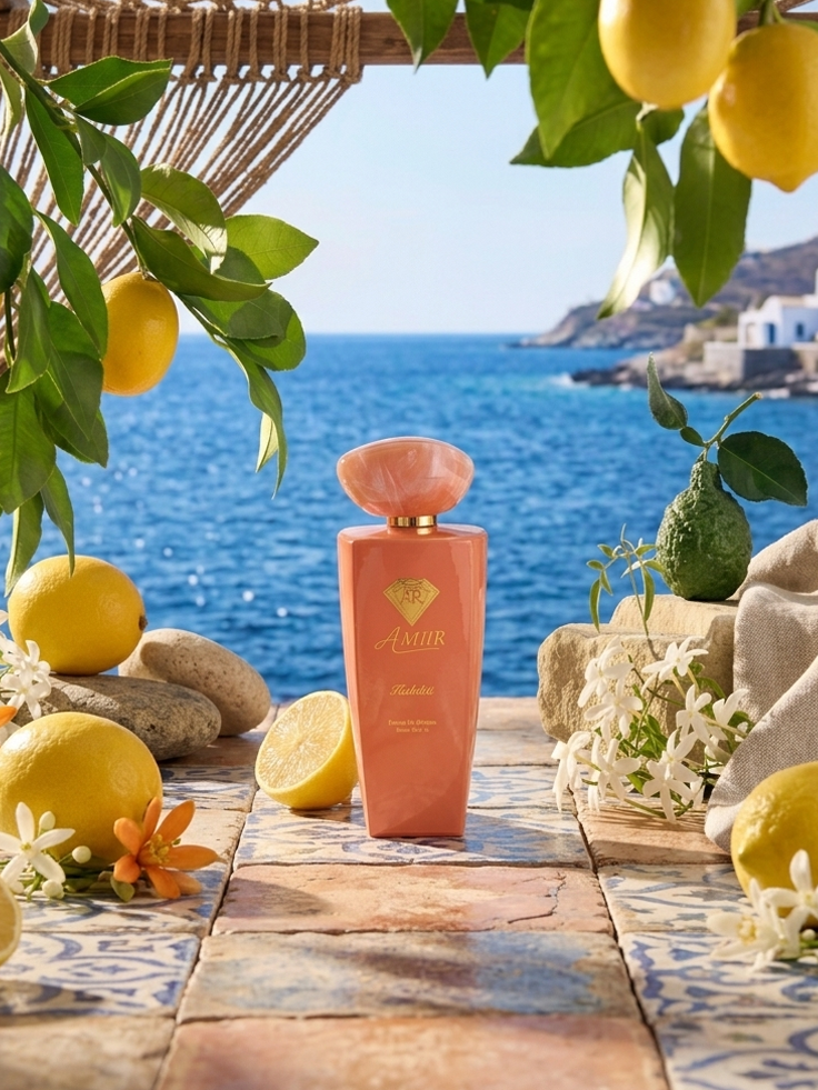 Amiir Habibti extrait de parfum coral bottle on Italian coast with lemons and flowers