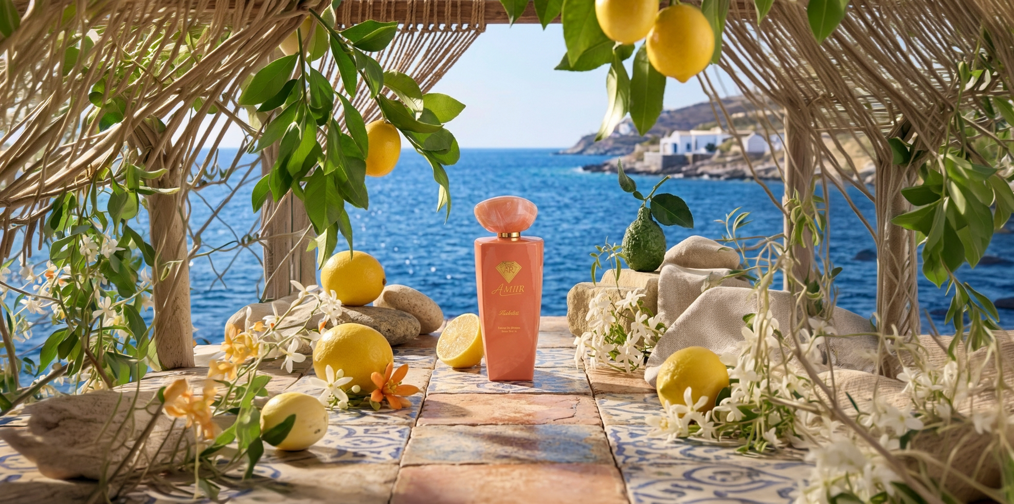 Amiir Habibti extrait de parfum coral bottle on Italian coast with lemons and flowers