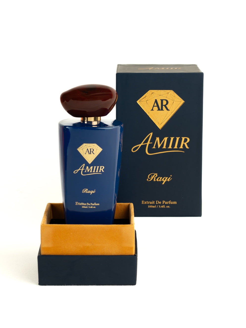 Amiir Scents Raqi extrait de parfum in blue bottle with golden accents and matching luxury packaging box on white background
