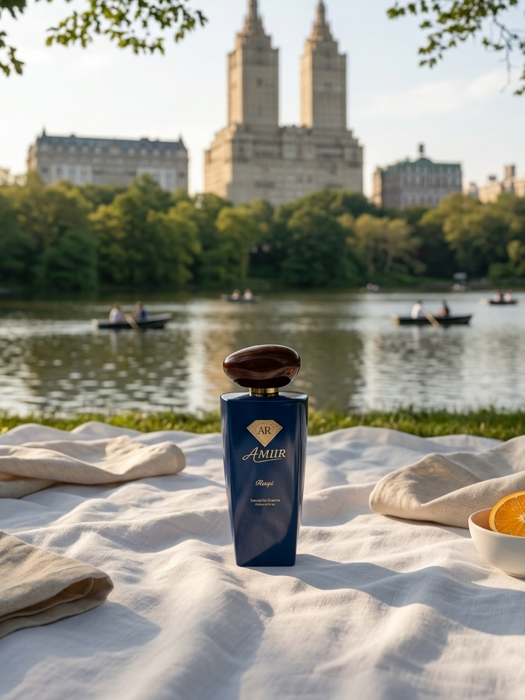 Amiir Raqi extrait de parfum blue bottle on a picnic blanket with Central Park in the background