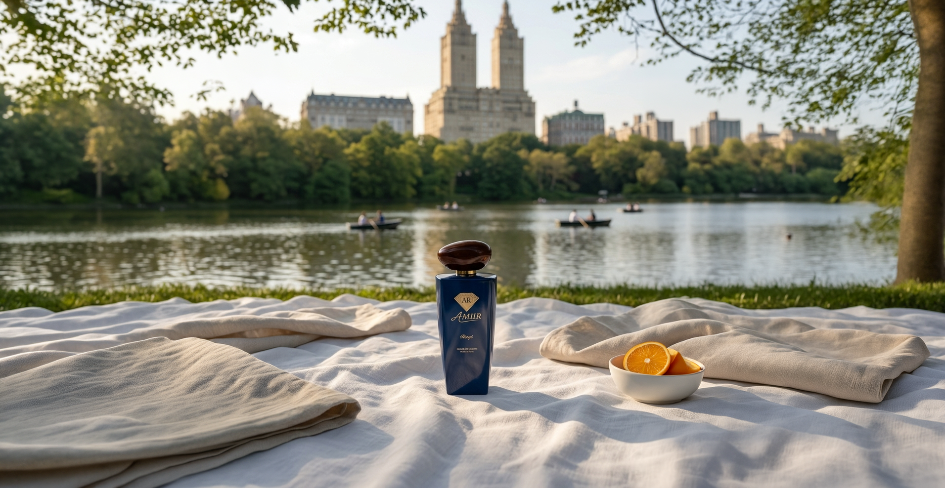Bottle of Raqi perfume product on the corner of a picnic blanket with Silver Lake Park and buildings of New York in the background.